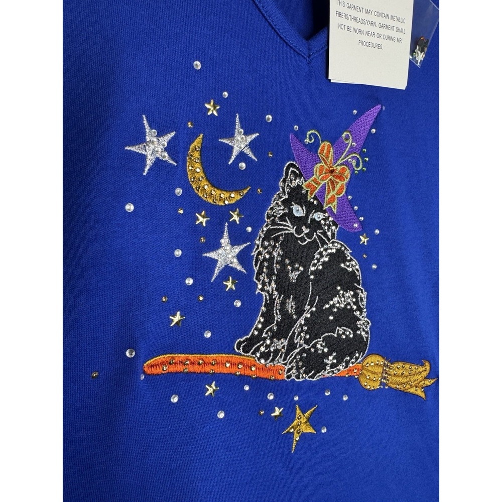 Quacker Factory NWT Halloween Black Cat Witch Embroidered Knit Shirt Sz 1X Blue